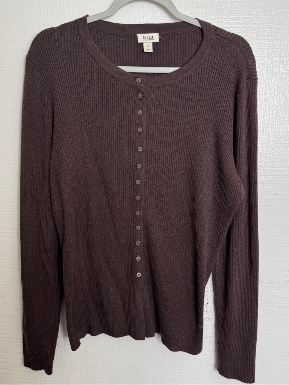 a.n.a Ribbed Crewneck Cardigan in Chocolate Brown
